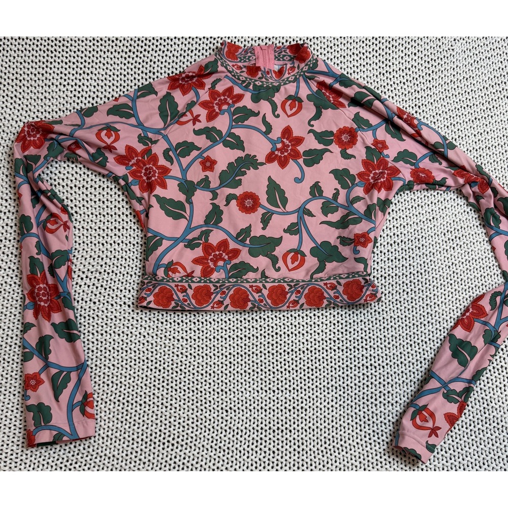 J.Crew Womens Small Pink Floral Cropped Rashguard Long Sleeve Zip Back Swim Top